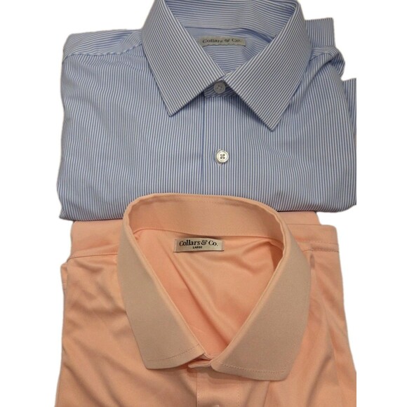 NWOT Collars & Co Mens L Shirt Bundle Defect Pink Polo + Blue Stripe Button Down - Picture 1 of 9